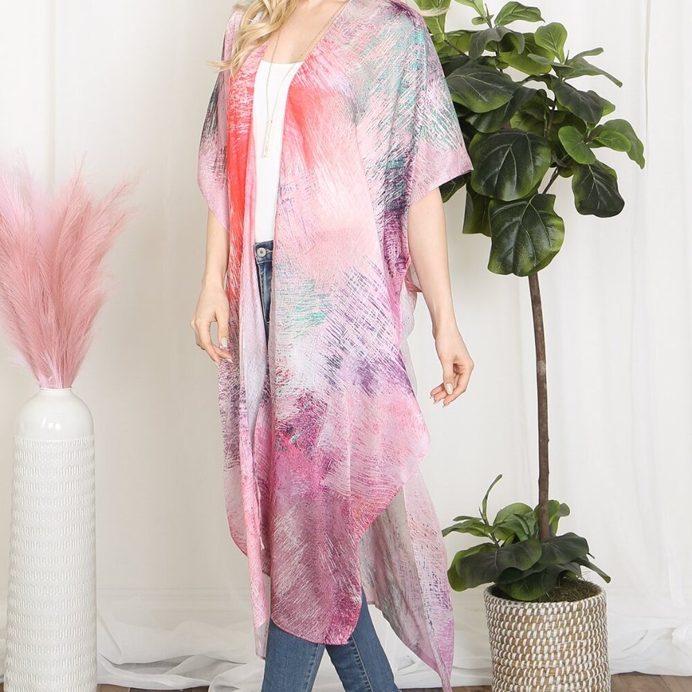 Tropical Fuchsia Pink Splatter Abstract Dye Open Front Long Swim Kimono